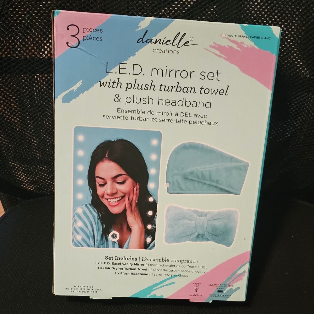 Danielle Creations LED Mirror Set with Turban Towel and Headband NEW